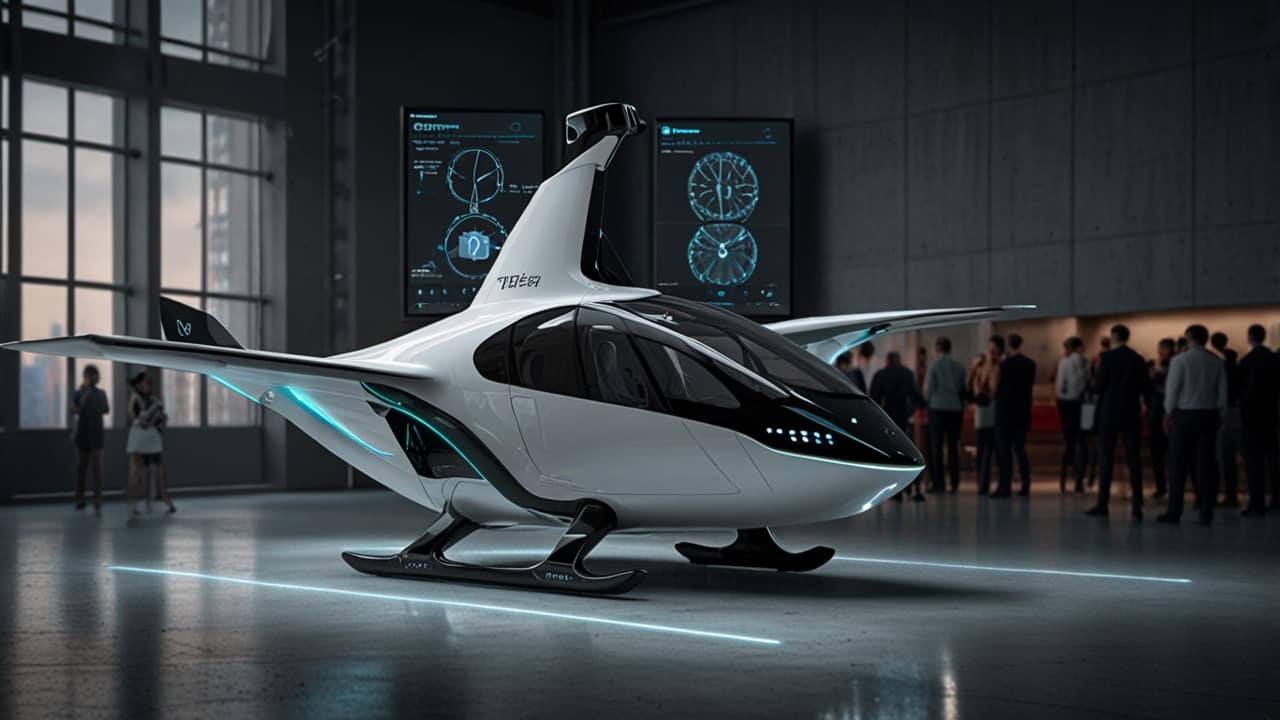Air Taxi electric VTOL aircraft transporting passengers above urban environment through dedicated aerial corridors