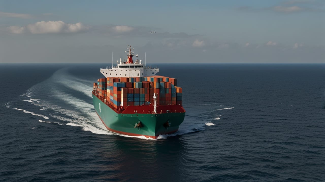 Autonomous Ship navigating ocean route with visible sensor arrays and navigation systems without crew