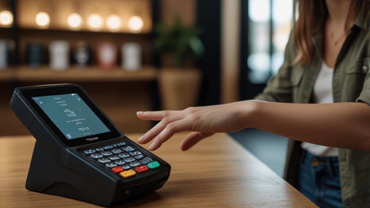 Biometric Payment terminal authenticating purchase using customer's palm vein pattern for secure verification