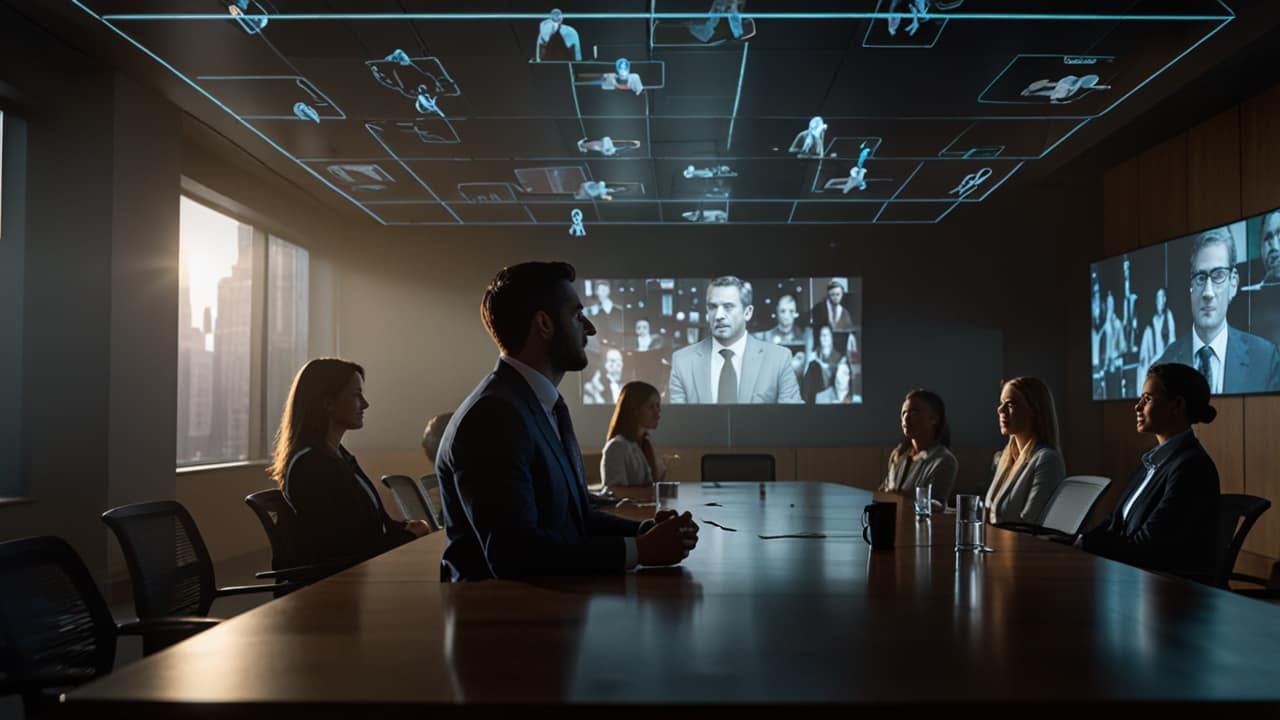 Hologram Communication showing business meeting with three-dimensional participant projections interacting naturally