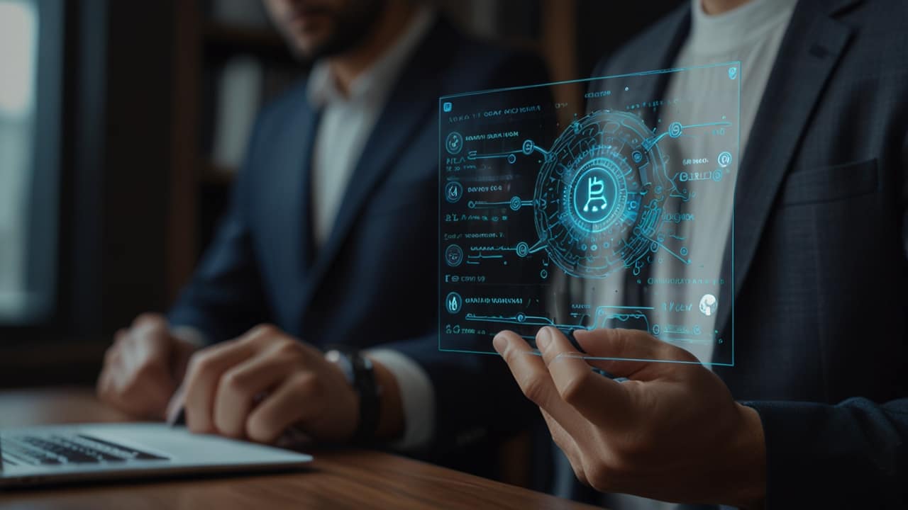 Smart Contract interface showing automated execution steps and blockchain verification of business agreement