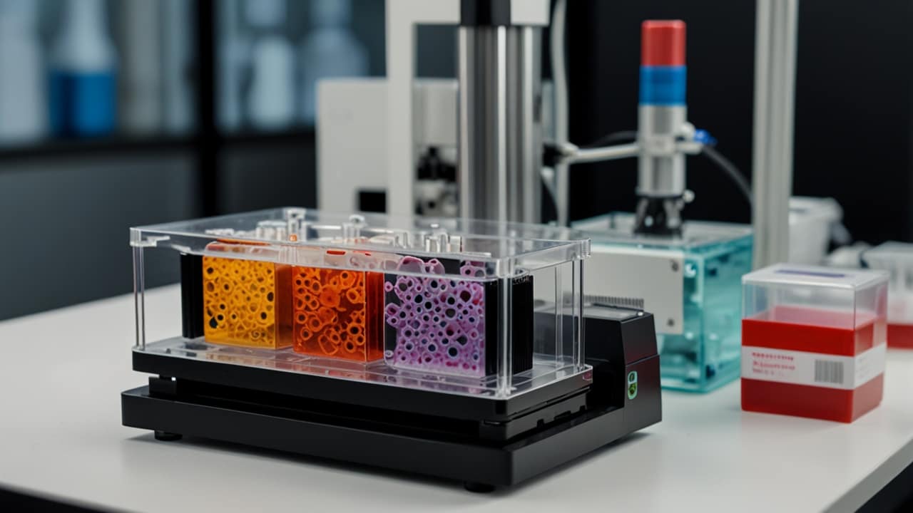 3D Bioprinting machine depositing living cells layer by layer to construct biological structures