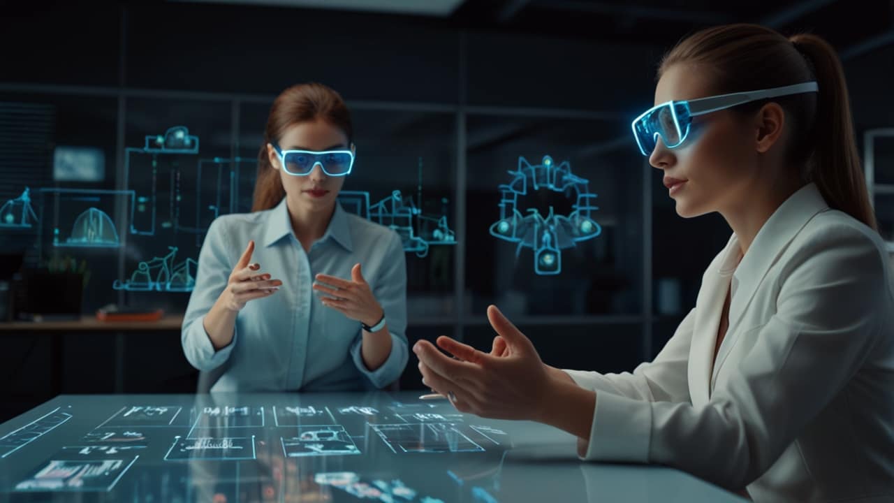 Augmented Workplace showing team collaborating through shared holographic content visible in mixed reality glasses