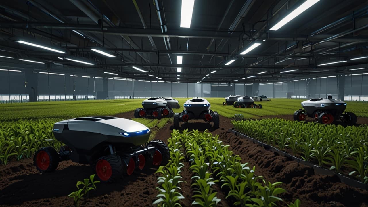 Autonomous Agriculture robots tending to crops in advanced vertical farming facility with precision sensors