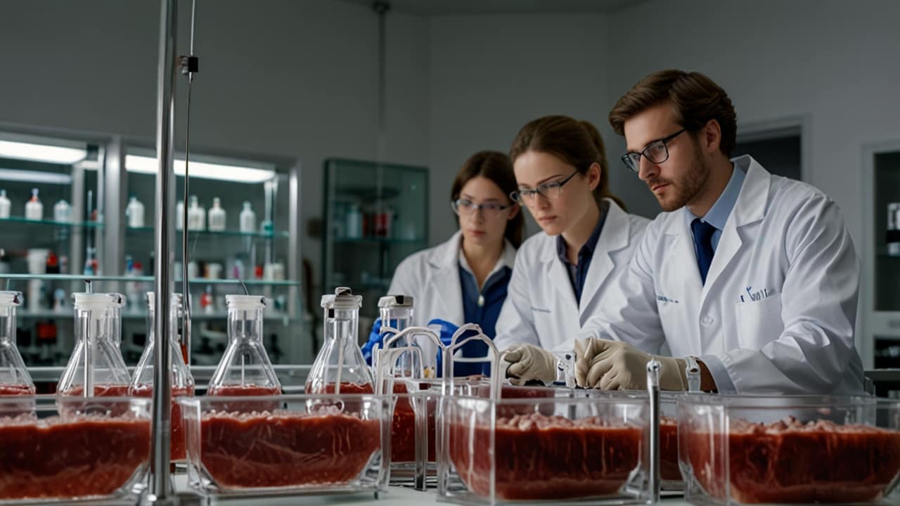 Cultured Meat production facility growing animal tissue from cells in bioreactors without traditional animal agriculture
