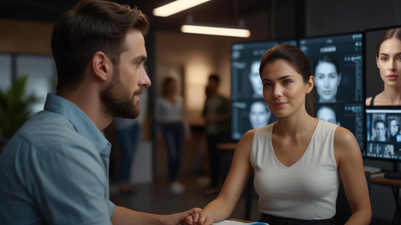 Digital Human interface showing photorealistic virtual character responding with natural expressions and gestures