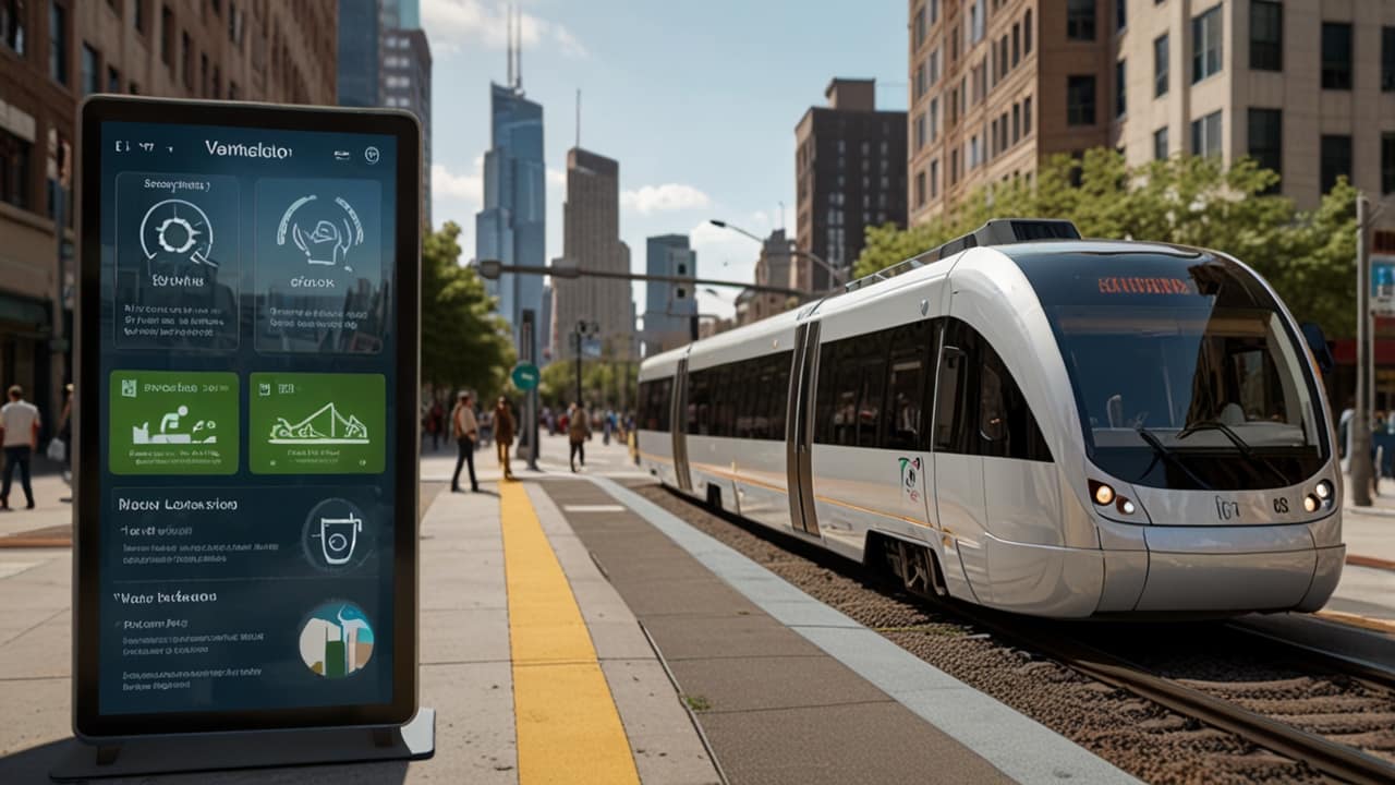 Sleek levitating transport pod suspended above magnetic track gliding silently through urban corridor