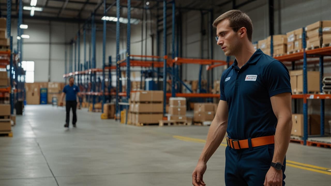 Material Exoskeleton supporting industrial worker lifting heavy object through passive mechanical assistance