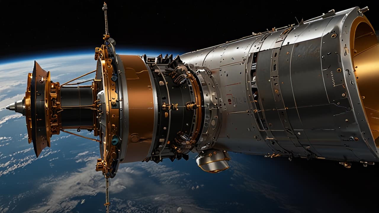 Spacecraft engine emitting blue plasma exhaust with visible electromagnetic containment field generating continuous thrust