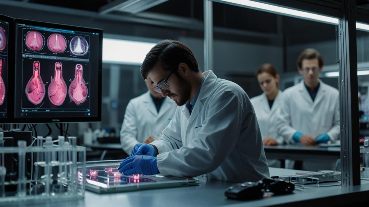 Regenerative Medicine Future showing laboratory-grown organ with visible vascular structure being prepared for transplantation