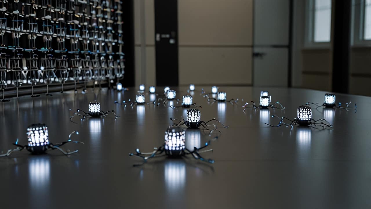 Swarm Intelligence demonstration showing multiple simple robots coordinating to solve complex problem through decentralized decision-making