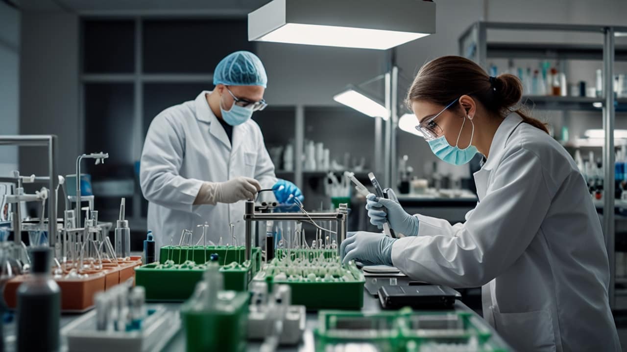 Synthetic Biology laboratory showcasing engineered microorganisms producing specialized compounds in controlled environments