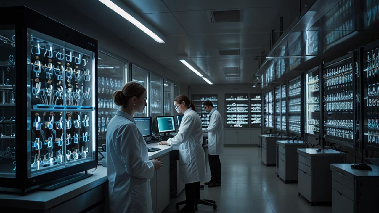 Synthetic Biology laboratory showing engineered microorganisms producing pharmaceutical compounds through modified metabolic pathways