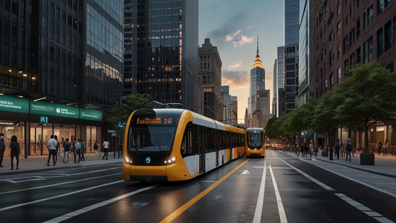 Urban Mobility system showing integrated transportation modes connected through digital platform for seamless city navigation