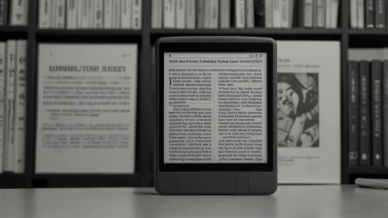 E-ink reader displaying paper-like reading experience with front lighting system and extended battery life