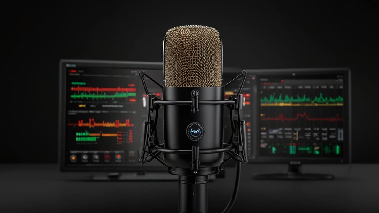 Streaming mic equipment displaying broadcast audio capabilities with professional voice capture and digital recording features