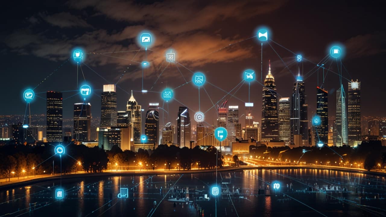 IoT devices network showing interconnected sensors and smart objects communicating wirelessly