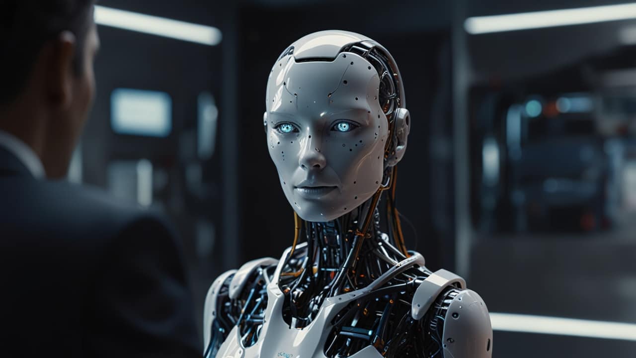 Advanced robotic laboratory with AI-powered humanoid robots performing complex tasks alongside holographic neural network displays and machine learning interfaces