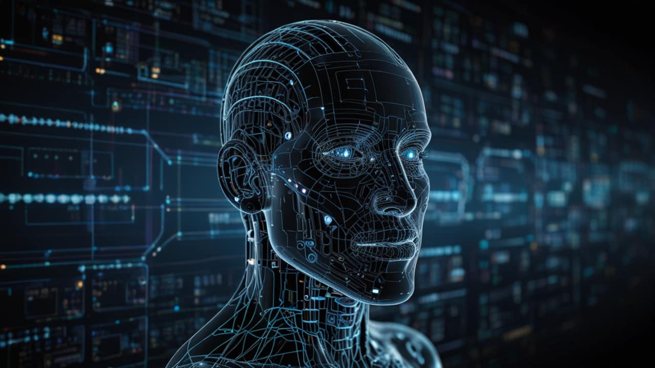 Advanced AI research workspace with prompt engineering interfaces, language model optimization displays, and query refinement tools