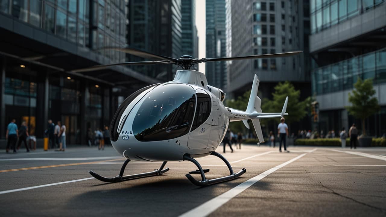 Futuristic cityscape with electric flying vehicles, vertical takeoff aircraft, and aerial transportation corridors integrated into urban infrastructure