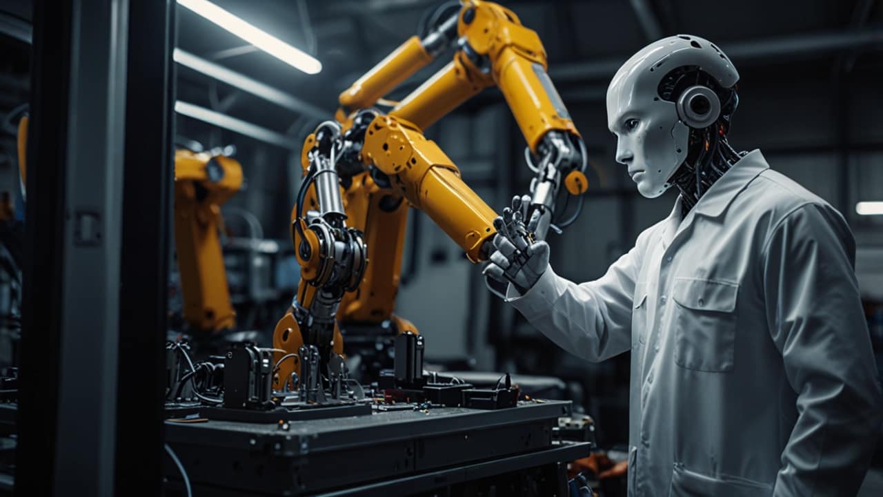 Advanced robotic maintenance facility with AI-driven diagnostics, predictive servicing systems, and automated robot optimization technology