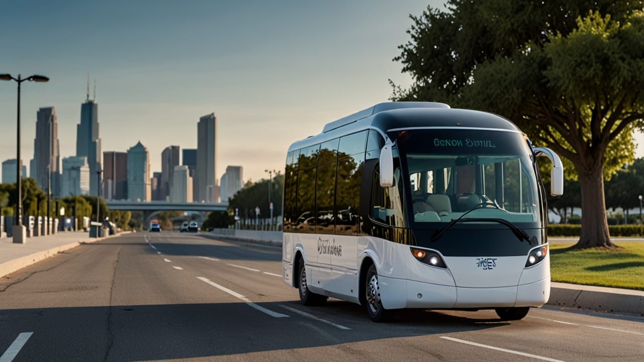Modern autonomous shuttle hub with self-driving transit vehicles, passenger mobility systems, and urban automation technology