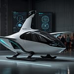 Air Taxi electric VTOL aircraft transporting passengers above urban environment through dedicated aerial corridors