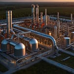 Carbon Capture facility extracting CO2 from industrial emissions with visible sequestration process