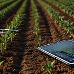 Digital Farm operation showing drone monitoring crops alongside automated irrigation and harvesting systems