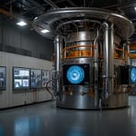 Fusion Reactor tokamak chamber containing superheated plasma with visible magnetic confinement system