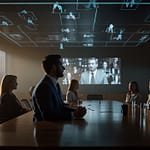 Hologram Communication showing business meeting with three-dimensional participant projections interacting naturally