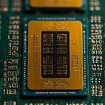 Memristor Technology chip architecture showing neural-inspired pathways with adaptive memory properties