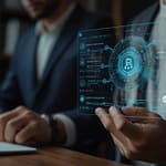 Smart Contract interface showing automated execution steps and blockchain verification of business agreement