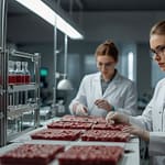 Synthetic Food production facility showing lab-grown meat cells developing into structured protein products