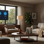 AI voice assistant interface showing speech recognition and natural language processing with response generation system