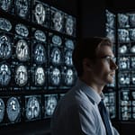 Brain Mapping visualization showing neural connection networks with cognitive function correlation