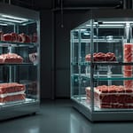 Cellular Agriculture laboratory showing meat cultivation chambers with active tissue growth monitoring