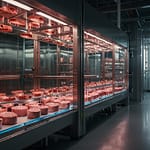 Cultured Meat production facility growing real animal tissue in specialized bioreactors