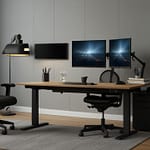 Ergonomic workspace displaying properly arranged desk, adjustable chair and monitor positioning for optimal posture