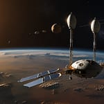 Long-duration spacecraft approaching exoplanet with autonomous habitat construction modules and terraforming equipment deployment