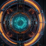 Fusion Reactor tokamak chamber containing superheated plasma confined by powerful magnetic fields