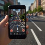 Google Maps displaying augmented reality navigation with directional arrows overlaid on real street view