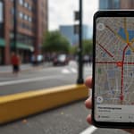 Google Maps application showing advanced navigation interface with augmented reality directions and real-time traffic data