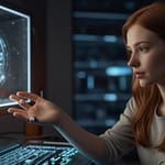 Person interacting with floating holographic interface receiving tactile feedback through ultrasonic haptic technology