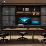 Home office setup displaying ergonomic workstation with adjustable furniture and optimized technology configuration