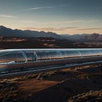 Hyperloop Transport pod traveling through transparent vacuum tube using magnetic levitation technology