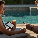 Kindle Paperwhite displaying crisp text on paper-like screen with glare-free reading experience in direct sunlight