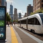 Sleek levitating transport pod suspended above magnetic track gliding silently through urban corridor