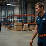 Material Exoskeleton supporting industrial worker lifting heavy object through passive mechanical assistance