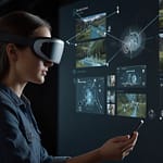 Meta Quest 3 headset displaying mixed reality capabilities with visible passthrough cameras and ergonomic design